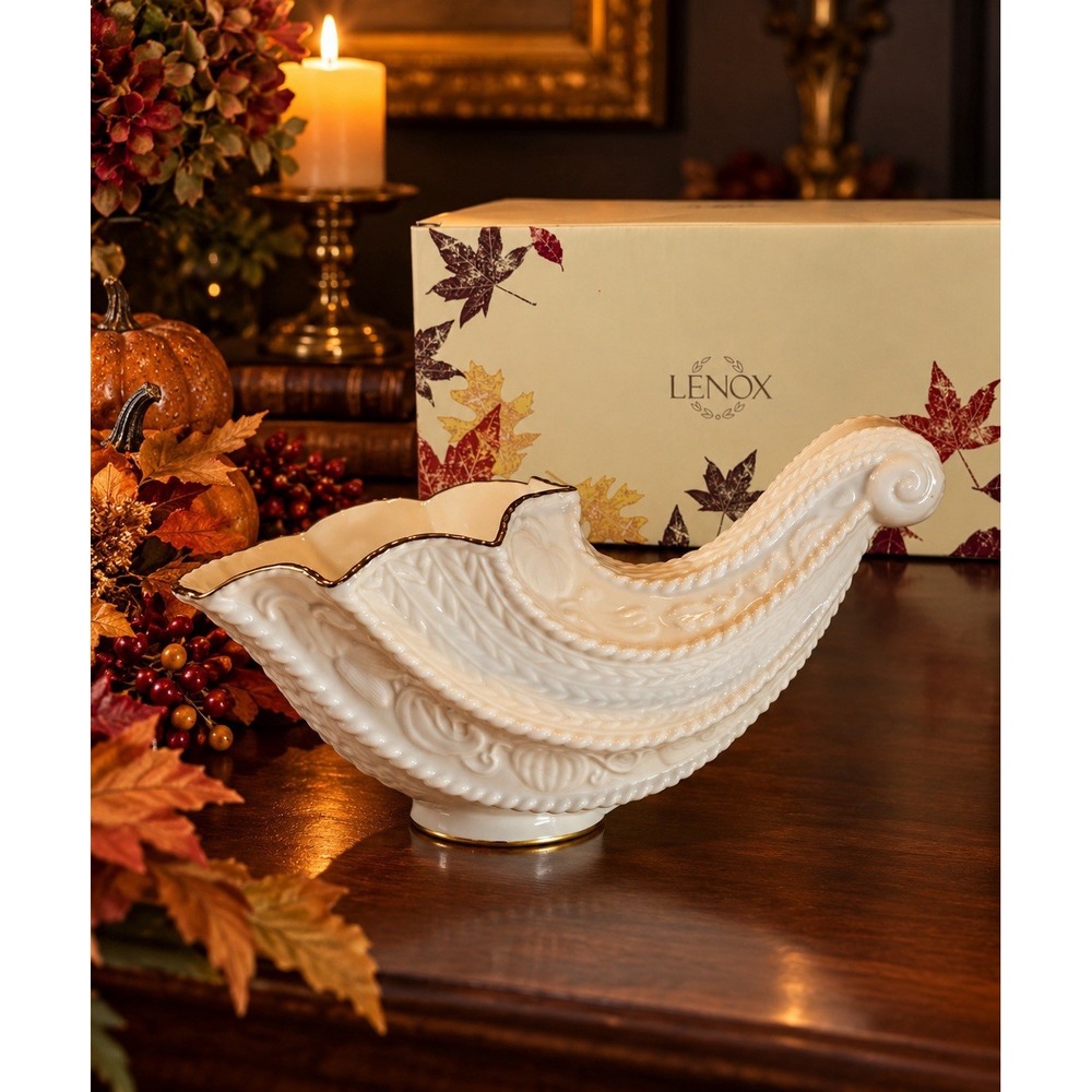 Lenox Medium Cornucopia Ivory Porcelain Gold Trim 10” Thanksgiving 807775 NIB